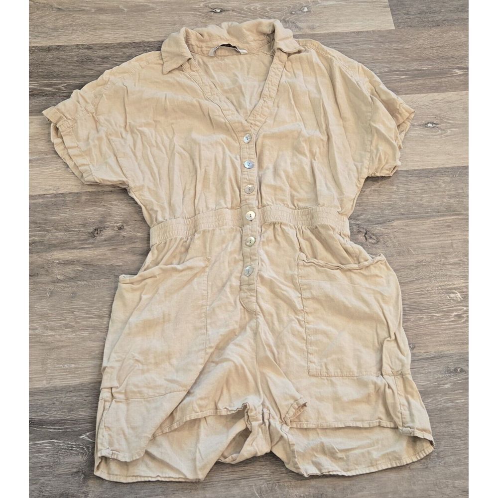 Zara Women's size‎ small khaki playsuit romper with pockets linen blend